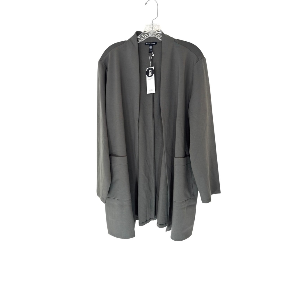 Eileen Fisher High Clear Long Jacket Gray Duster Open Front Basic Classy Size XL